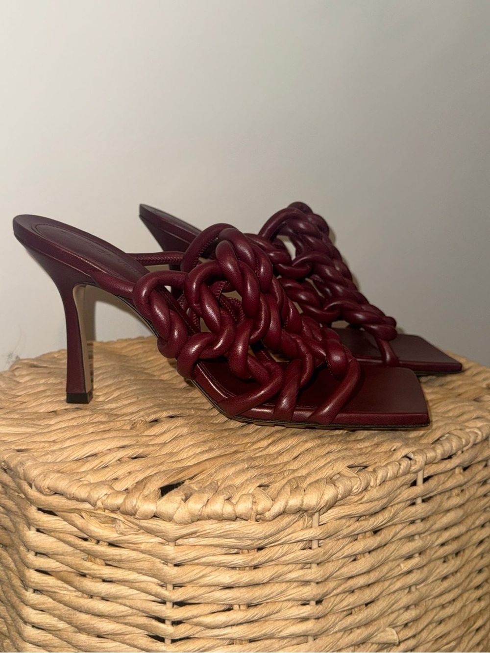 Bottega Veneta Braided Leather Mule Heels in Wine